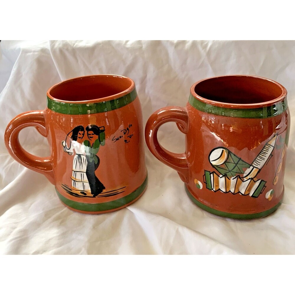 Vintage Handmade Redware Coffee Mug Set (2) Folk Art Glazed Signed Mexican